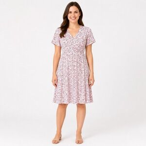 Pink Floral Faux‎ Wrap V-Neck Short Sleeve A-Line Dress